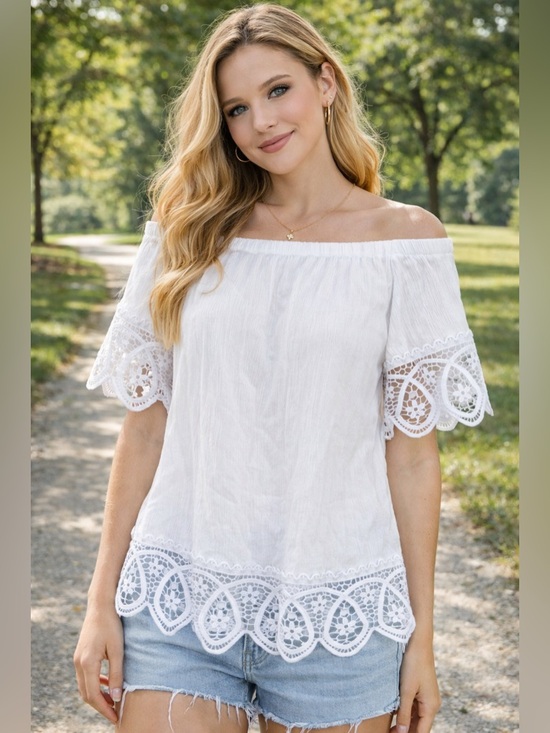 Suzy Shier Tops - Suzy Shier White Off Shoulder Top Medium lace details Fairy Peasant Cottagecore